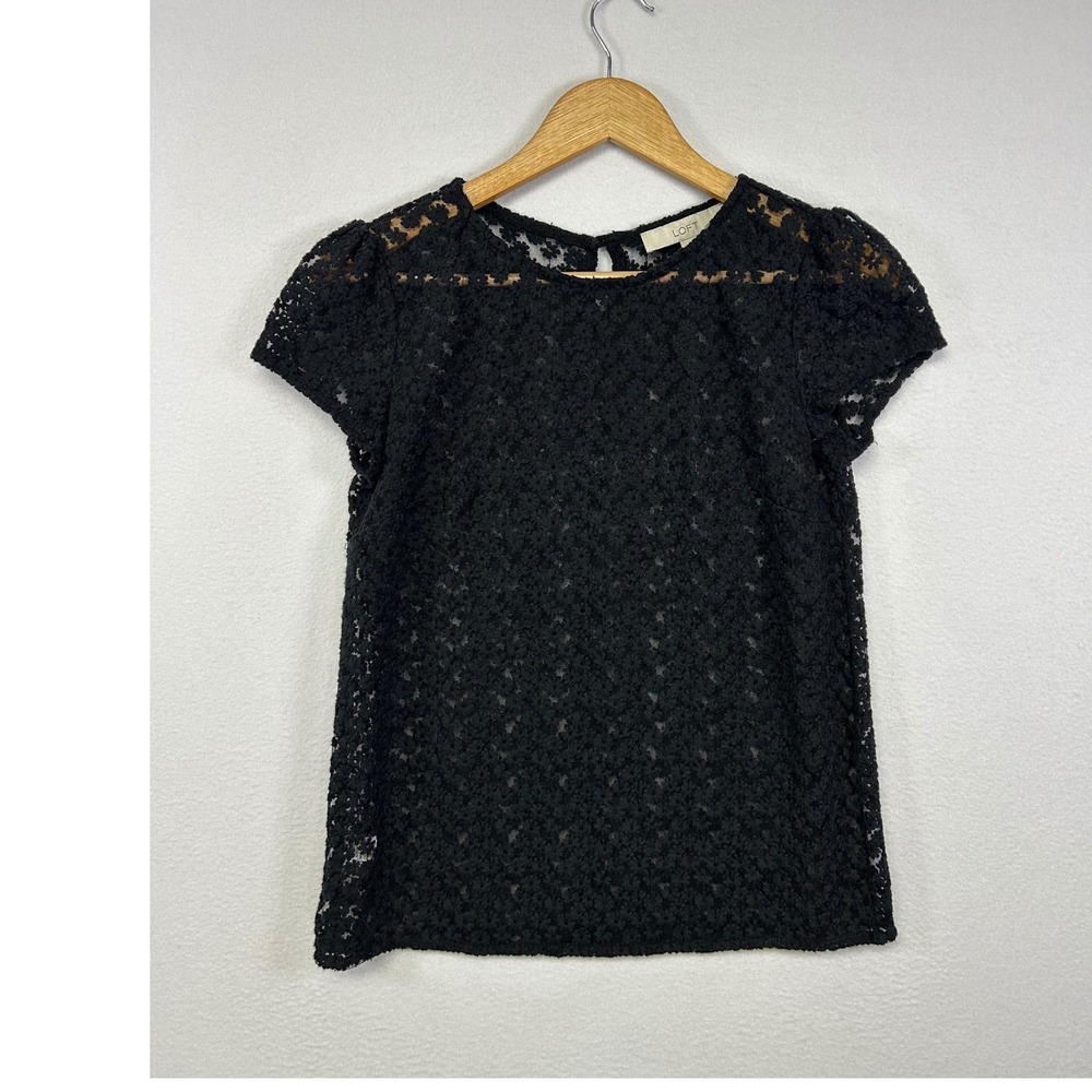 Romantic LOFT Womens XS Black Floral Lace Sheer Yoke Short Sleeve Blouse Top